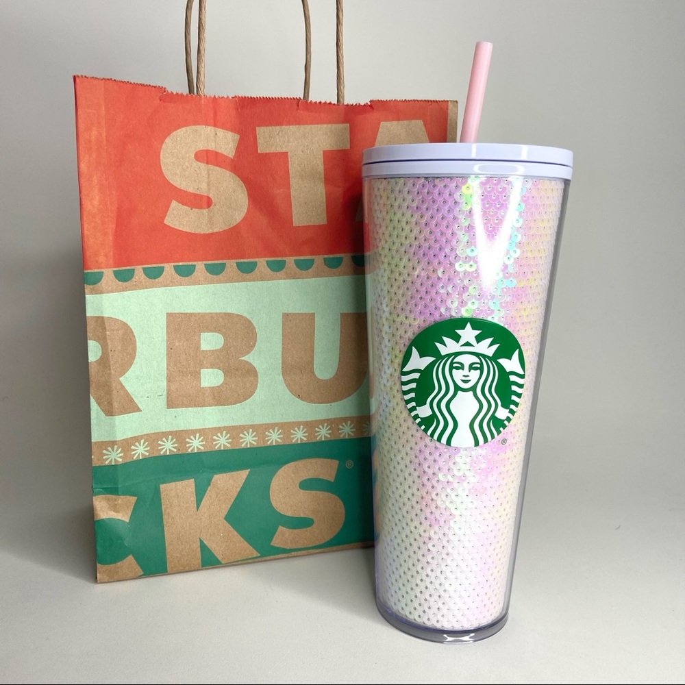 NWT Starbucks White Iridescent Sequin Tumbler 24oz